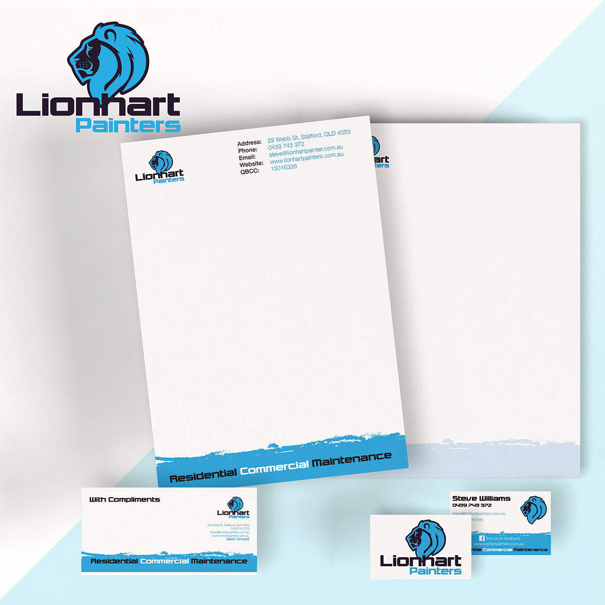 lionhart painters branded letterhead, envelope and business card mockups