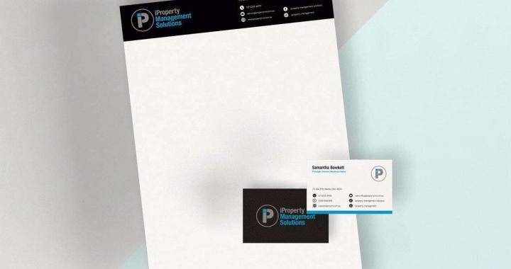 iproperty management solutions branded letterhead and business card mockups