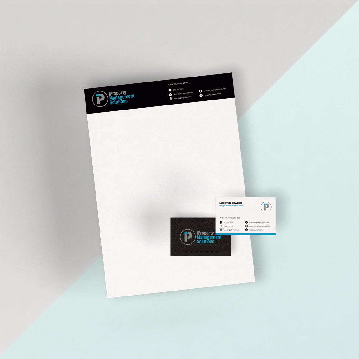 iproperty management solutions branded letterhead and business card mockups
